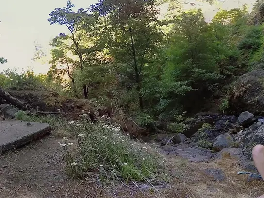 Naked girl outdoors masturbates fingering her shaved vagina